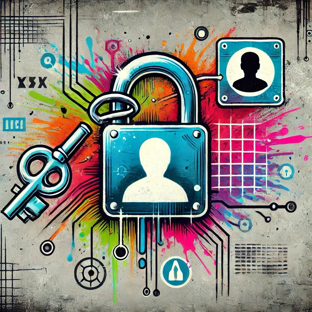 A colorful, graffiti-style image of a padlock with a key and a person icon, symbolizing digital security and privacy.