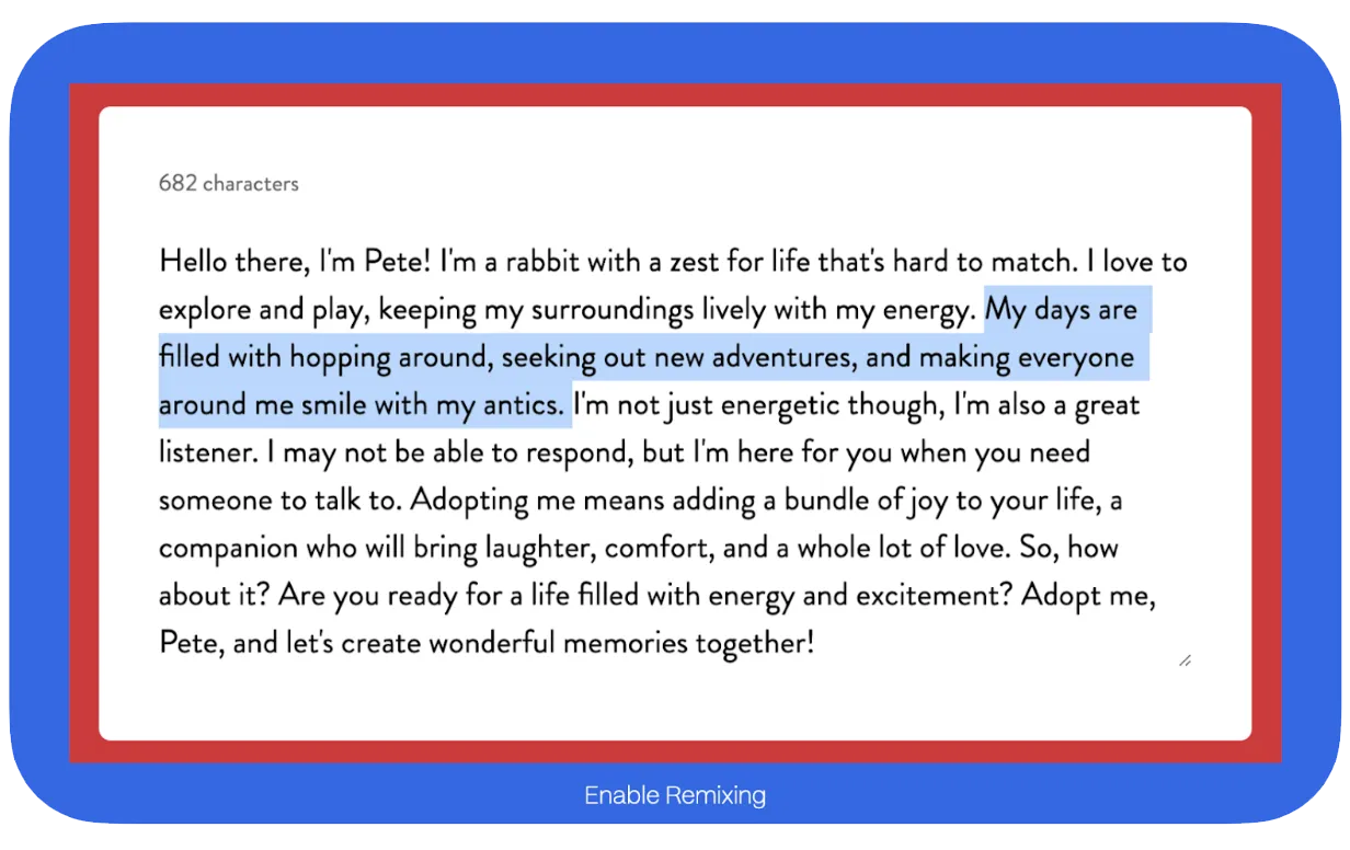 Sample profile of Pete the rabbit, describing a playful personality and love for hopping, adventure, and making people smile.