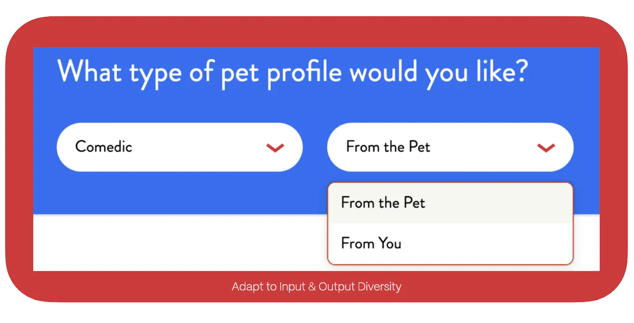 Pet profile customization options, including tone ('Comedic') and perspective ('From the Pet' or 'From You').