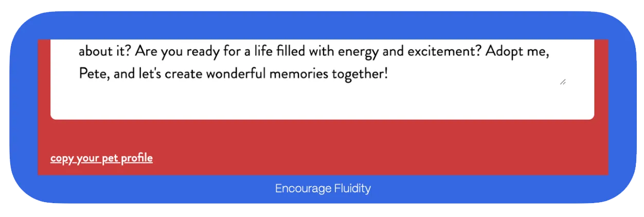 A section with a pet adoption profile prompt and a button that says 'copy your pet profile' with 'Encourage Fluidity' below.