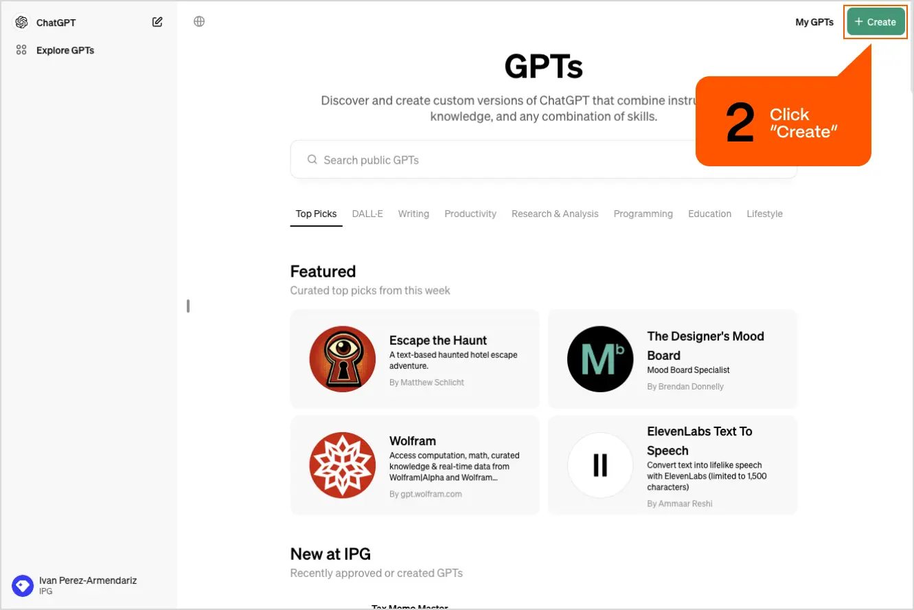 Explore GPTs' page on ChatGPT website showing a navigation bar, a prompt to discover custom ChatGPT versions, a 'Featured' section with app icons, and an orange 'Click on +Create' overlay