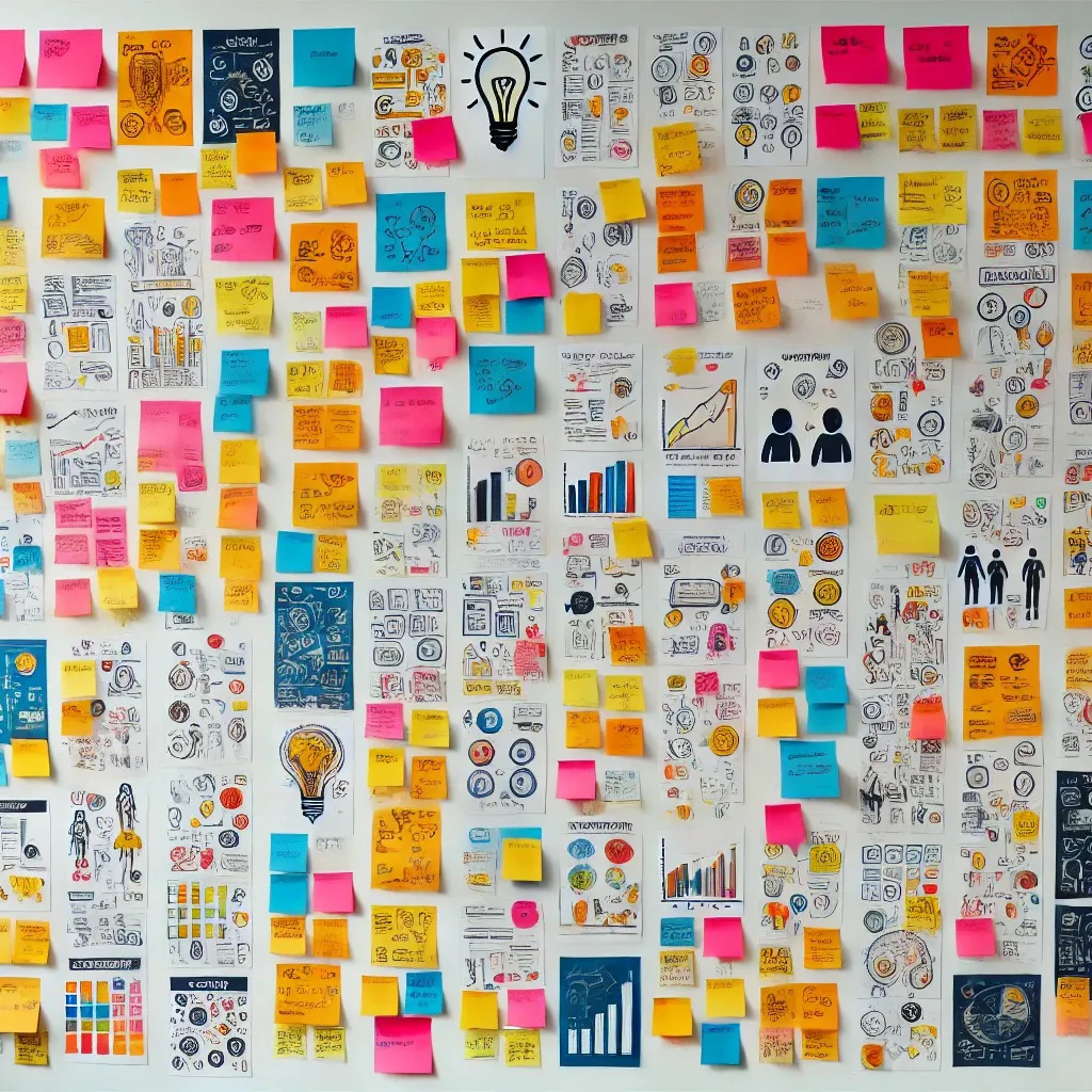 An idea board full of colorful sticky notes.